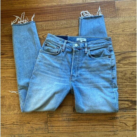 Redone Originals 90’s High Rise Crop Button Fly Destroyed Frayed Hem Jeans Sz 28 - Picture 3 of 14